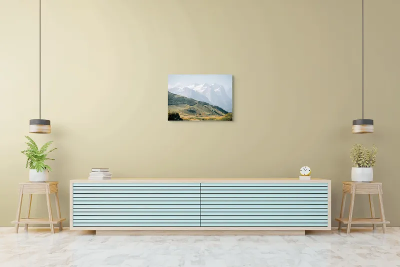 Tablou Canvas, "Peisaj montan sub cer senin", Munți, Vârfuri, Zăpadă, Întinderi, Vegetație, Coline, Cer Albăstrui, 70 x 50 cm – poza 7