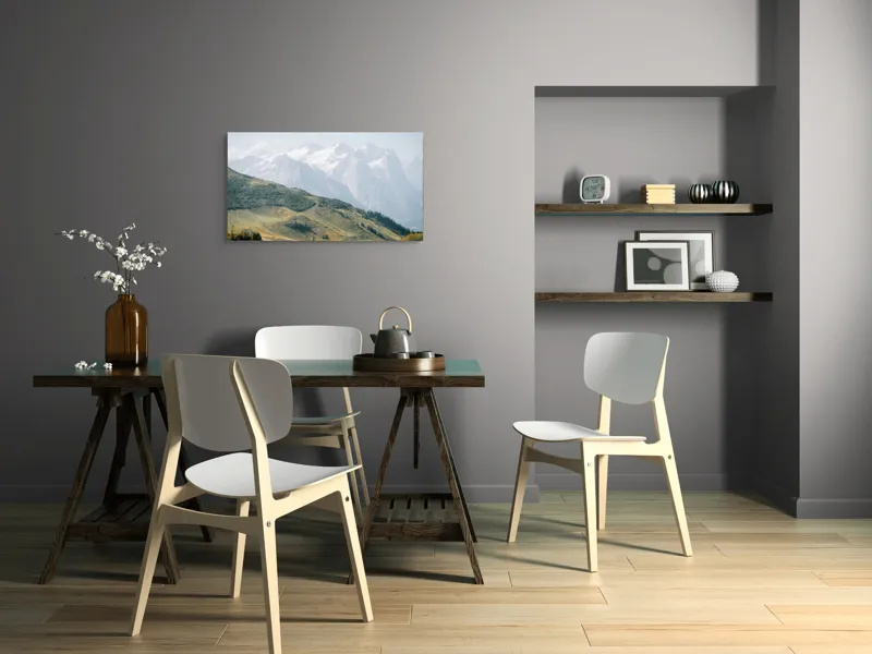 Tablou Canvas, "Peisaj montan sub cer senin", Munți, Vârfuri, Zăpadă, Întinderi, Vegetație, Coline, Cer Albăstrui, 90 x 50 cm – poza 3