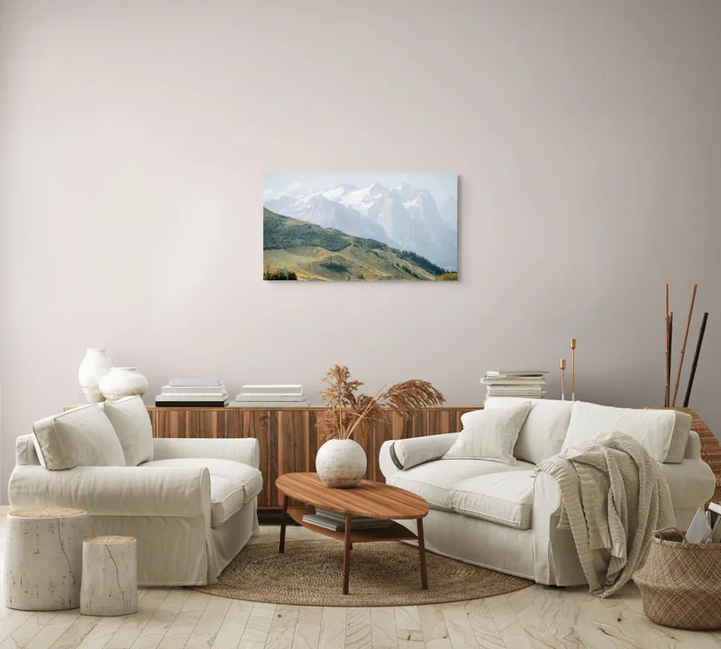 Tablou Canvas, "Peisaj montan sub cer senin", Munți, Vârfuri, Zăpadă, Întinderi, Vegetație, Coline, Cer Albăstrui, 90 x 50 cm – poza 4