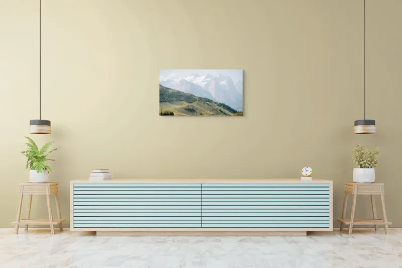 Tablou Canvas, "Peisaj montan sub cer senin", Munți, Vârfuri, Zăpadă, Întinderi, Vegetație, Coline, Cer Albăstrui, 90 x 50 cm – poza 5