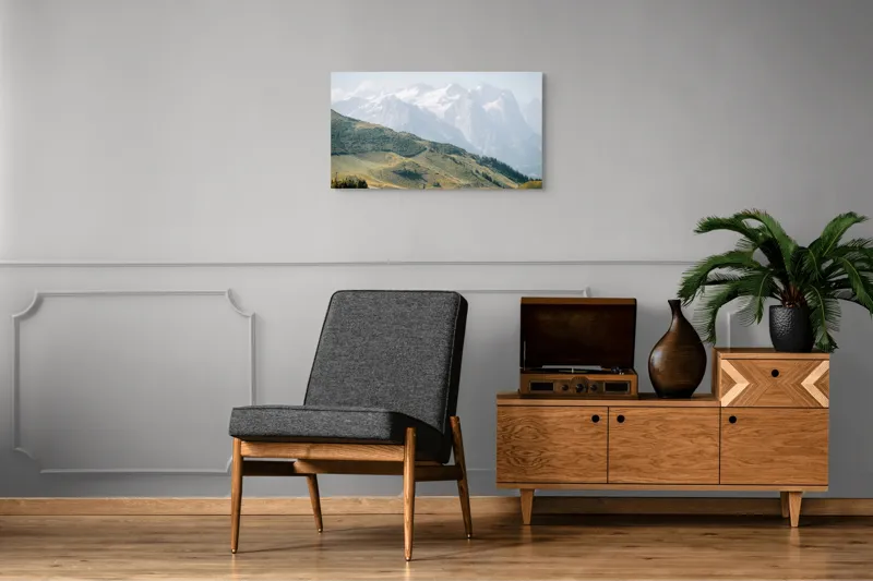 Tablou Canvas, "Peisaj montan sub cer senin", Munți, Vârfuri, Zăpadă, Întinderi, Vegetație, Coline, Cer Albăstrui, 90 x 50 cm – poza 6