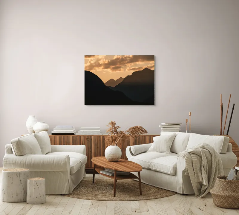 Tablou Canvas, "Misterele Munților în Amurg", Nori, Siluete, Munți, Apus, Lumină, Umbre, Peisaj, Cer, 100 x 70 cm – poza 3