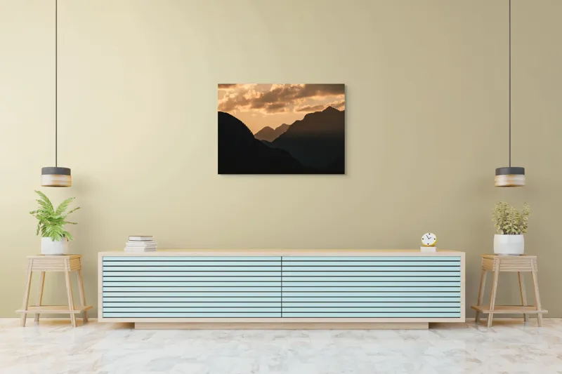 Tablou Canvas, "Misterele Munților în Amurg", Nori, Siluete, Munți, Apus, Lumină, Umbre, Peisaj, Cer, 100 x 70 cm – poza 4