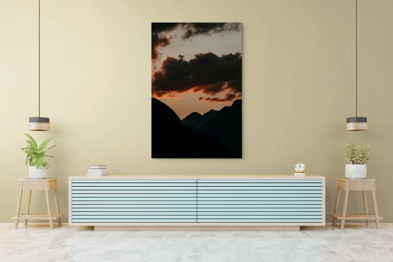 Tablou Canvas, "Siluetele munților la apusul soarelui", Munte, Siluete, Cer, Nor, Apus, Umbre, Dramatic, Contrast, Peisaj, Calm, 100 x 150 cm – poza 4
