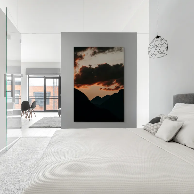 Tablou Canvas, "Siluetele munților la apusul soarelui", Munte, Siluete, Cer, Nor, Apus, Umbre, Dramatic, Contrast, Peisaj, Calm, 100 x 150 cm – poza 5