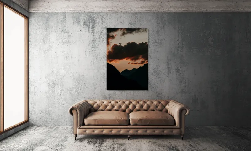 Tablou Canvas, "Siluetele munților la apusul soarelui", Munte, Siluete, Cer, Nor, Apus, Umbre, Dramatic, Contrast, Peisaj, Calm, 100 x 150 cm – poza 6