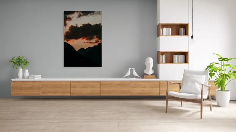Tablou Canvas, "Siluetele munților la apusul soarelui", Munte, Siluete, Cer, Nor, Apus, Umbre, Dramatic, Contrast, Peisaj, Calm, 100 x 150 cm – poza 8