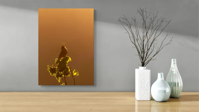 Tablou Canvas, "Cântec în lumina dimineții aurii", Pasăre, Crenguță, Răsărit, Frunze, Siluetă, Cântec, Lumină, Încântare, 39 x 54 cm – poza 4