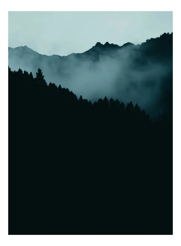 Tablou Canvas, "Munți învăluiți în ceață densă", Munți, Ceață, Siluetă, Noapte, Mister, Calm, Natural, Întunecat, Verde, Vârfuri, 50 x 70 cm