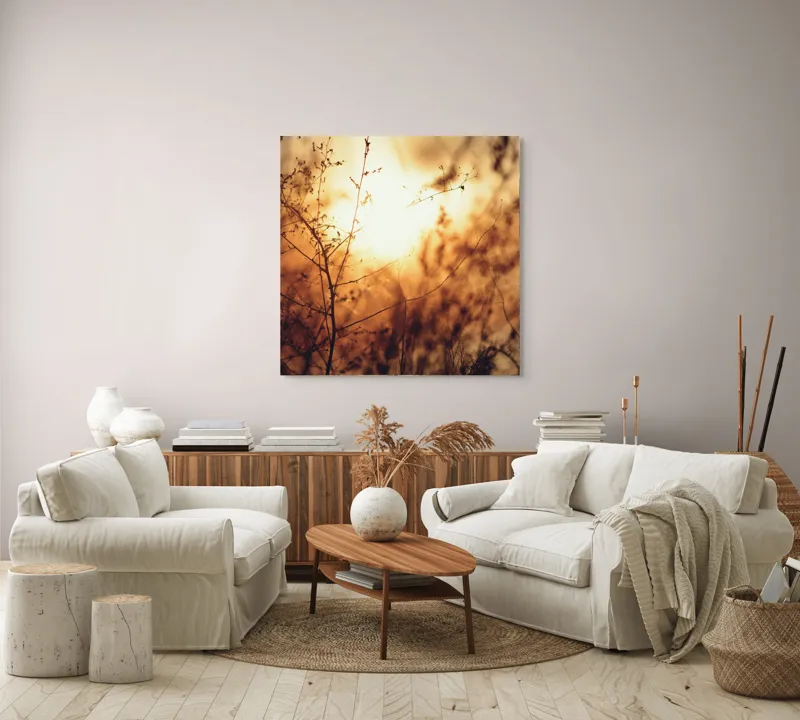 Tablou Canvas, "Raze blânde printre crenguțe subțiri", Apus, Lumină, Siluete, Natură, Contrast, Ramuri, Căldură, Frumusețe, Tranquilitate, Delicatese, 100 x 100 cm – poza 3