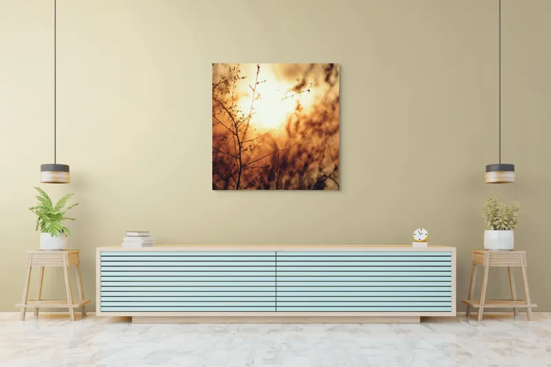 Tablou Canvas, "Raze blânde printre crenguțe subțiri", Apus, Lumină, Siluete, Natură, Contrast, Ramuri, Căldură, Frumusețe, Tranquilitate, Delicatese, 100 x 100 cm – poza 5