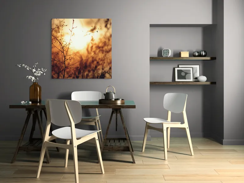 Tablou Canvas, "Raze blânde printre crenguțe subțiri", Apus, Lumină, Siluete, Natură, Contrast, Ramuri, Căldură, Frumusețe, Tranquilitate, Delicatese, 100 x 100 cm – poza 6