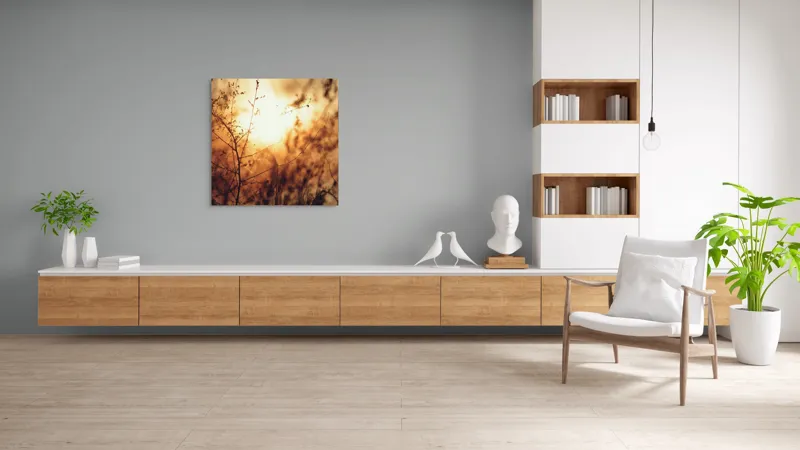 Tablou Canvas, "Raze blânde printre crenguțe subțiri", Apus, Lumină, Siluete, Natură, Contrast, Ramuri, Căldură, Frumusețe, Tranquilitate, Delicatese, 100 x 100 cm – poza 8