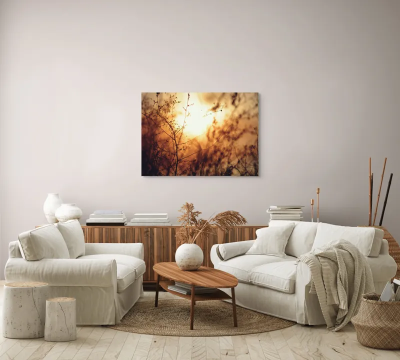 Tablou Canvas, "Raze blânde printre crenguțe subțiri", Apus, Lumină, Siluete, Natură, Contrast, Ramuri, Căldură, Frumusețe, Tranquilitate, Delicatese, 100 x 70 cm – poza 3
