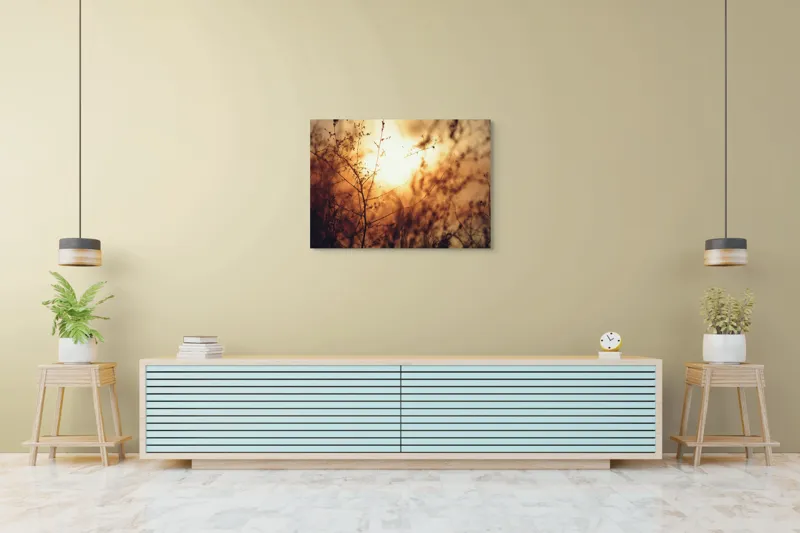 Tablou Canvas, "Raze blânde printre crenguțe subțiri", Apus, Lumină, Siluete, Natură, Contrast, Ramuri, Căldură, Frumusețe, Tranquilitate, Delicatese, 100 x 70 cm – poza 4