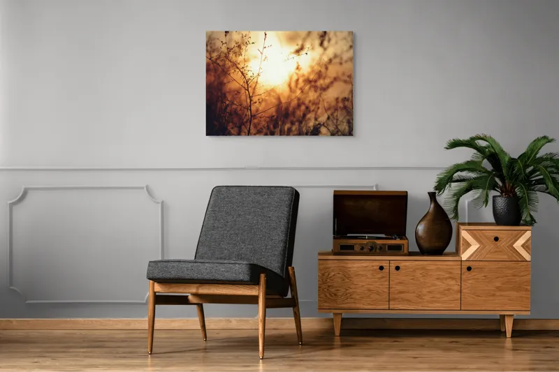 Tablou Canvas, "Raze blânde printre crenguțe subțiri", Apus, Lumină, Siluete, Natură, Contrast, Ramuri, Căldură, Frumusețe, Tranquilitate, Delicatese, 100 x 70 cm – poza 8