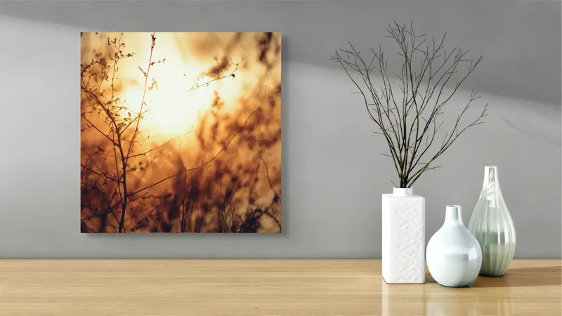 Tablou Canvas, "Raze blânde printre crenguțe subțiri", Apus, Lumină, Siluete, Natură, Contrast, Ramuri, Căldură, Frumusețe, Tranquilitate, Delicatese, 50 x 50 cm – poza 3