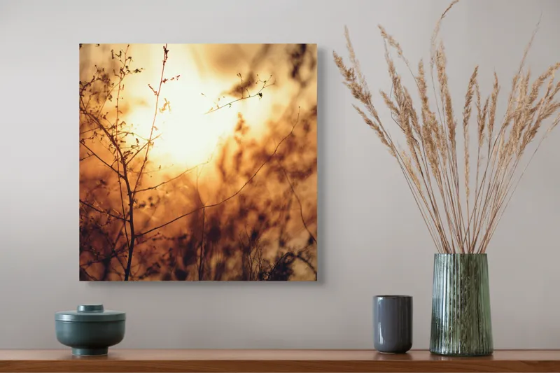 Tablou Canvas, "Raze blânde printre crenguțe subțiri", Apus, Lumină, Siluete, Natură, Contrast, Ramuri, Căldură, Frumusețe, Tranquilitate, Delicatese, 50 x 50 cm – poza 4