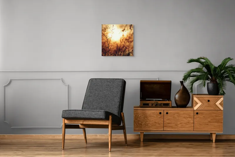 Tablou Canvas, "Raze blânde printre crenguțe subțiri", Apus, Lumină, Siluete, Natură, Contrast, Ramuri, Căldură, Frumusețe, Tranquilitate, Delicatese, 50 x 50 cm – poza 6