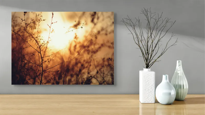 Tablou Canvas, "Raze blânde printre crenguțe subțiri", Apus, Lumină, Siluete, Natură, Contrast, Ramuri, Căldură, Frumusețe, Tranquilitate, Delicatese, 70 x 50 cm – poza 3