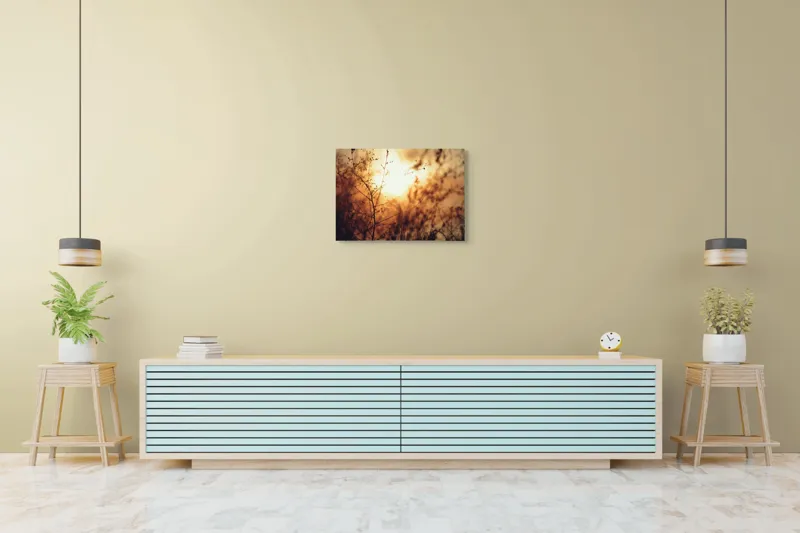 Tablou Canvas, "Raze blânde printre crenguțe subțiri", Apus, Lumină, Siluete, Natură, Contrast, Ramuri, Căldură, Frumusețe, Tranquilitate, Delicatese, 70 x 50 cm – poza 7