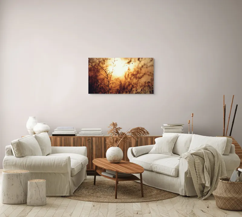 Tablou Canvas, "Raze blânde printre crenguțe subțiri", Apus, Lumină, Siluete, Natură, Contrast, Ramuri, Căldură, Frumusețe, Tranquilitate, Delicatese, 90 x 50 cm – poza 4