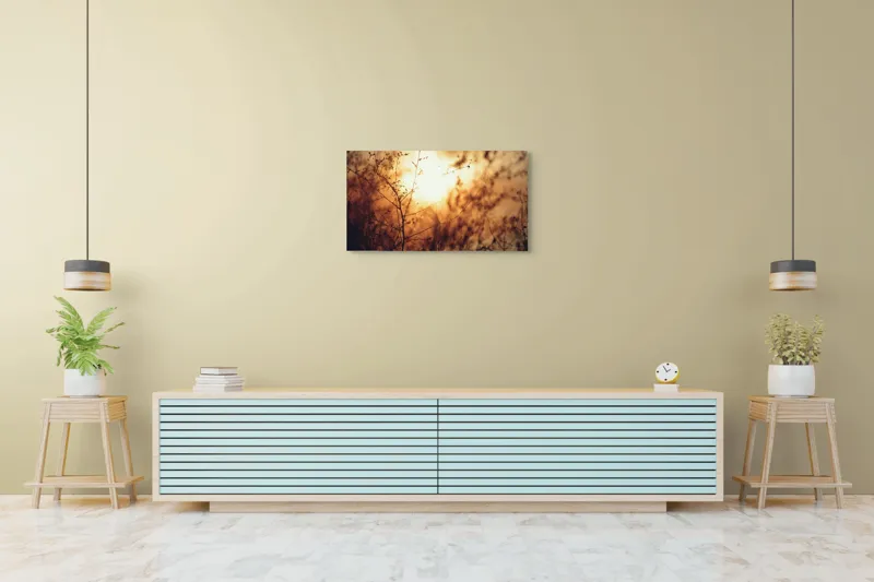 Tablou Canvas, "Raze blânde printre crenguțe subțiri", Apus, Lumină, Siluete, Natură, Contrast, Ramuri, Căldură, Frumusețe, Tranquilitate, Delicatese, 90 x 50 cm – poza 5