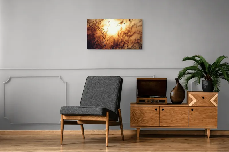 Tablou Canvas, "Raze blânde printre crenguțe subțiri", Apus, Lumină, Siluete, Natură, Contrast, Ramuri, Căldură, Frumusețe, Tranquilitate, Delicatese, 90 x 50 cm – poza 6