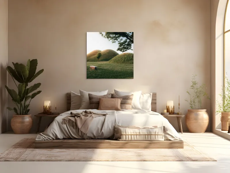 Tablou Canvas, "Sub cerul blând al înserării", Copaci, Dealuri, Iarbă, Bancă, Apus, Cer, Natură, Verdeață, 100 x 100 cm – poza 4