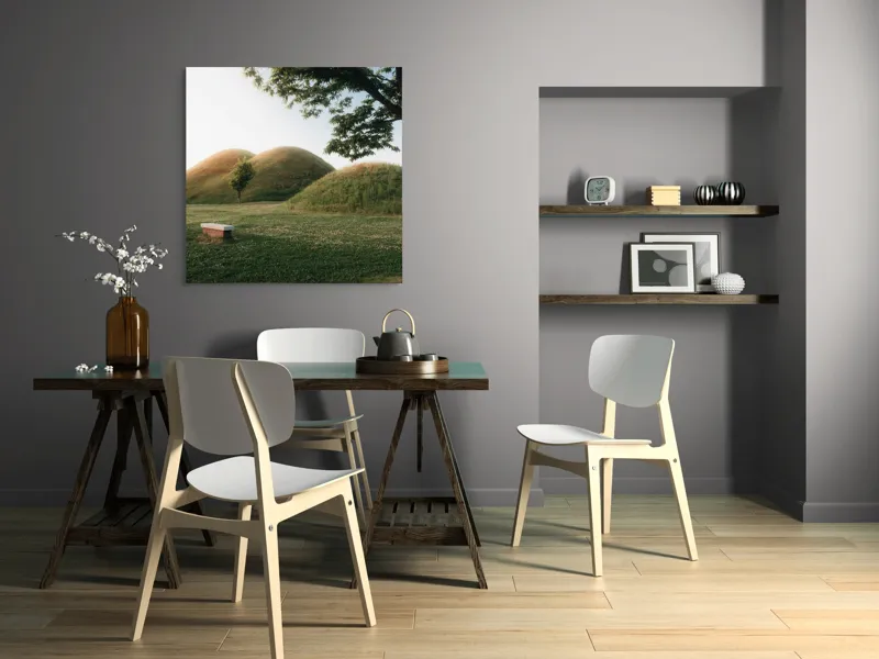 Tablou Canvas, "Sub cerul blând al înserării", Copaci, Dealuri, Iarbă, Bancă, Apus, Cer, Natură, Verdeață, 100 x 100 cm – poza 6