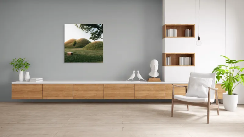 Tablou Canvas, "Sub cerul blând al înserării", Copaci, Dealuri, Iarbă, Bancă, Apus, Cer, Natură, Verdeață, 100 x 100 cm – poza 8