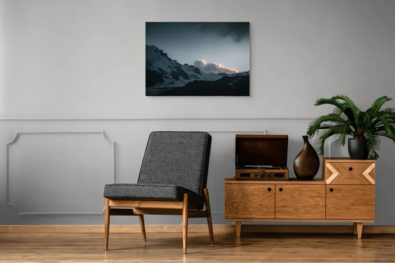 Tablou Canvas, "Norii roz peste munți înzăpeziți", Nor, Munte, Zăpadă, Cer, Umbre, Peisaj, Crepuscul, Tranquilitate, Frig, Natură, 100 x 70 cm – poza 8