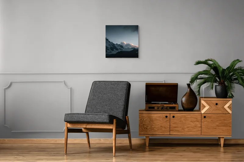 Tablou Canvas, "Norii roz peste munți înzăpeziți", Nor, Munte, Zăpadă, Cer, Umbre, Peisaj, Crepuscul, Tranquilitate, Frig, Natură, 50 x 50 cm – poza 6
