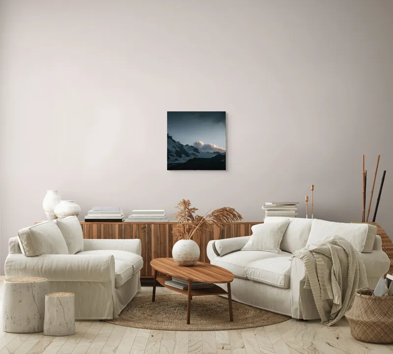 Tablou Canvas, "Norii roz peste munți înzăpeziți", Nor, Munte, Zăpadă, Cer, Umbre, Peisaj, Crepuscul, Tranquilitate, Frig, Natură, 50 x 50 cm – poza 7