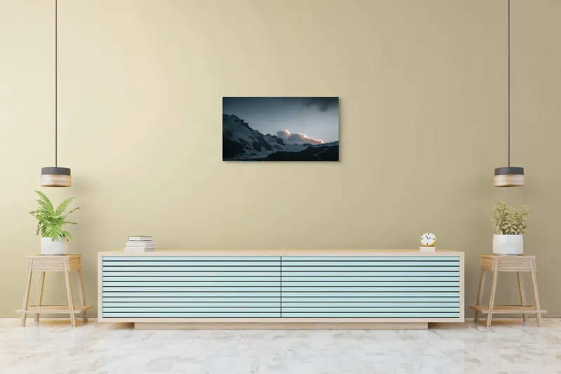 Tablou Canvas, "Norii roz peste munți înzăpeziți", Nor, Munte, Zăpadă, Cer, Umbre, Peisaj, Crepuscul, Tranquilitate, Frig, Natură, 90 x 50 cm – poza 5