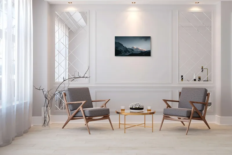 Tablou Canvas, "Norii roz peste munți înzăpeziți", Nor, Munte, Zăpadă, Cer, Umbre, Peisaj, Crepuscul, Tranquilitate, Frig, Natură, 90 x 50 cm – poza 7