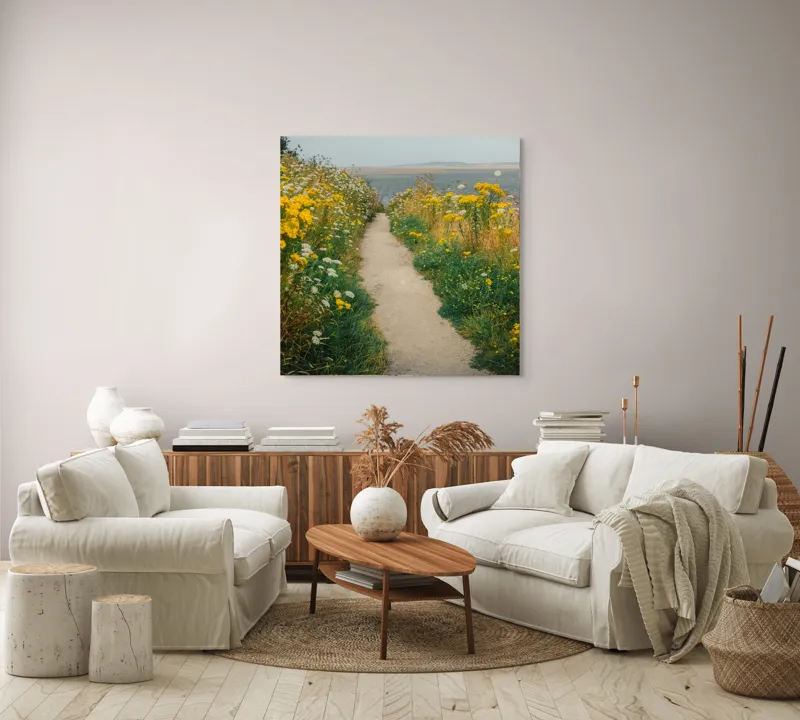 Tablou Canvas, "Cărare printre flori galbene și albe", Drum, Florile, Galbene, Peisaj, Natură, Seninătate, Margine, Timpuriu, 100 x 100 cm – poza 3