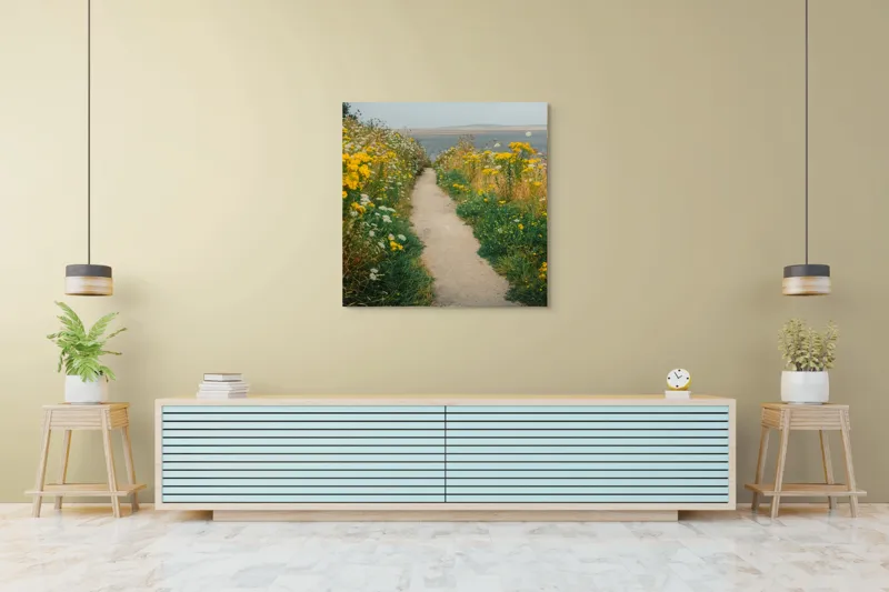 Tablou Canvas, "Cărare printre flori galbene și albe", Drum, Florile, Galbene, Peisaj, Natură, Seninătate, Margine, Timpuriu, 100 x 100 cm – poza 5