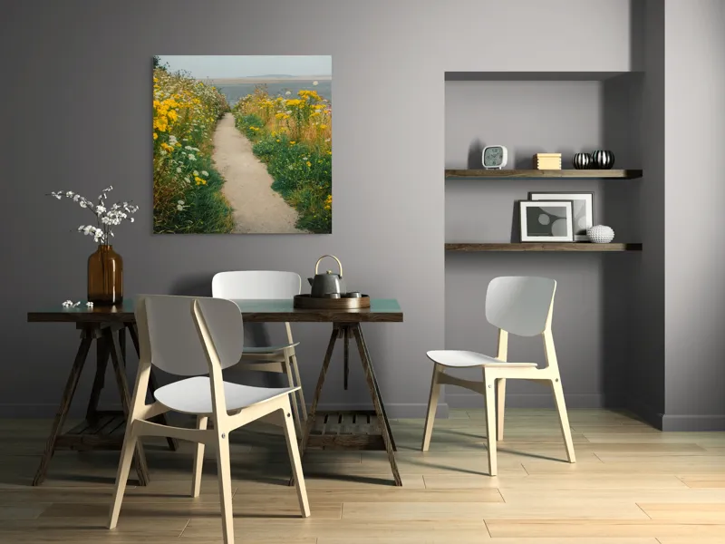Tablou Canvas, "Cărare printre flori galbene și albe", Drum, Florile, Galbene, Peisaj, Natură, Seninătate, Margine, Timpuriu, 100 x 100 cm – poza 6