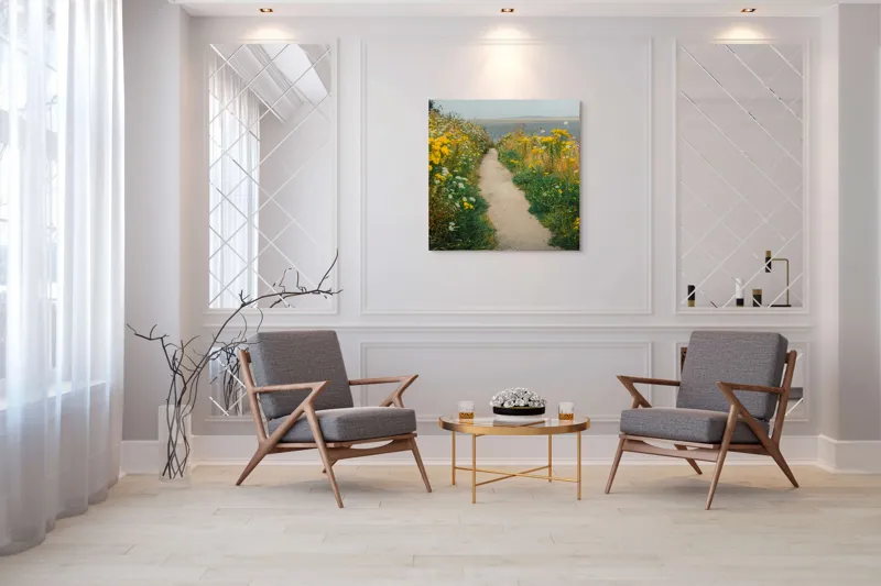 Tablou Canvas, "Cărare printre flori galbene și albe", Drum, Florile, Galbene, Peisaj, Natură, Seninătate, Margine, Timpuriu, 100 x 100 cm – poza 7