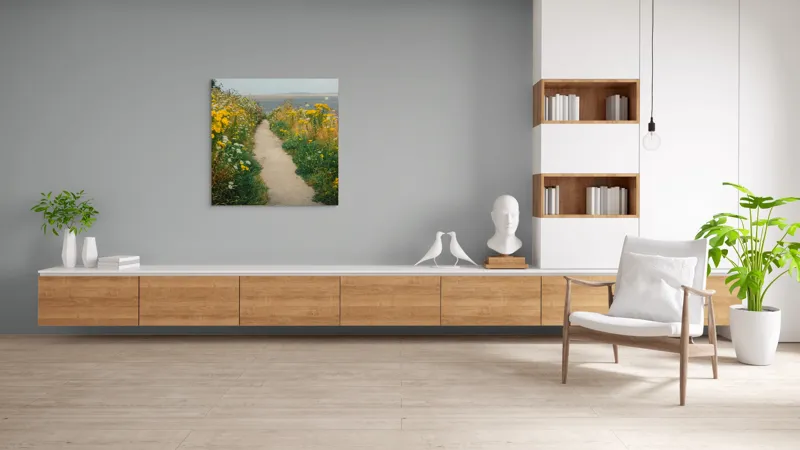 Tablou Canvas, "Cărare printre flori galbene și albe", Drum, Florile, Galbene, Peisaj, Natură, Seninătate, Margine, Timpuriu, 100 x 100 cm – poza 8