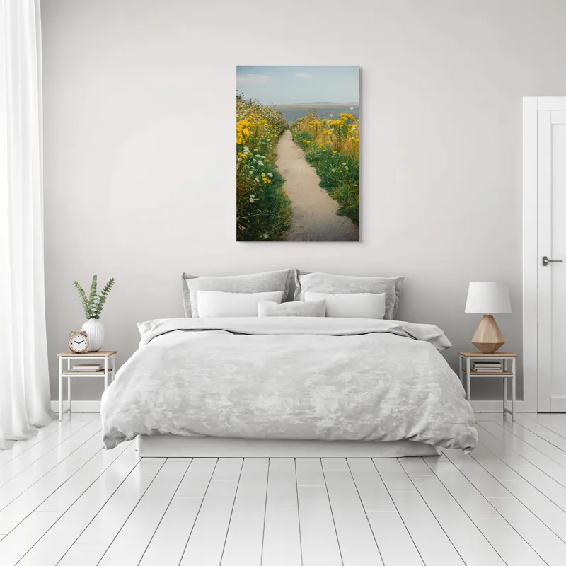 Tablou Canvas, "Cărare printre flori galbene și albe", Drum, Florile, Galbene, Peisaj, Natură, Seninătate, Margine, Timpuriu, 70 x 100 cm – poza 3