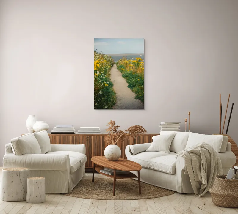 Tablou Canvas, "Cărare printre flori galbene și albe", Drum, Florile, Galbene, Peisaj, Natură, Seninătate, Margine, Timpuriu, 70 x 100 cm – poza 4
