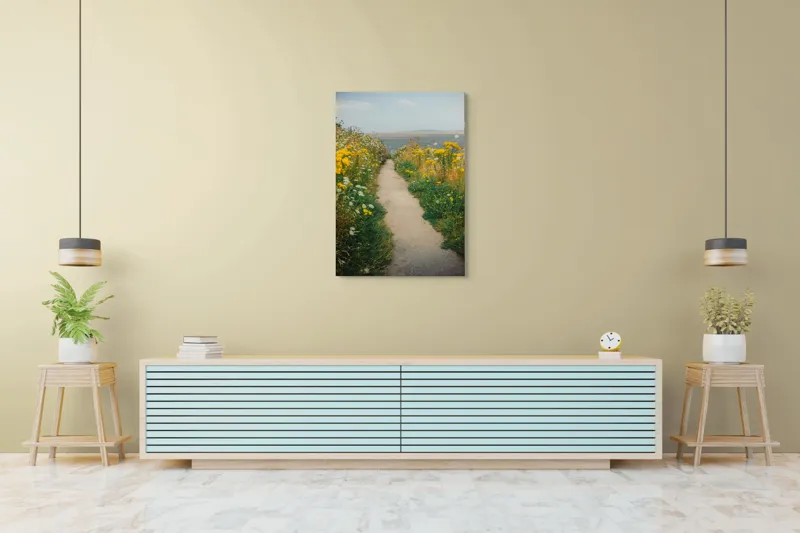 Tablou Canvas, "Cărare printre flori galbene și albe", Drum, Florile, Galbene, Peisaj, Natură, Seninătate, Margine, Timpuriu, 70 x 100 cm – poza 5