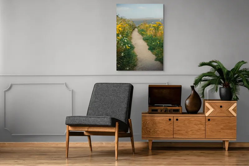 Tablou Canvas, "Cărare printre flori galbene și albe", Drum, Florile, Galbene, Peisaj, Natură, Seninătate, Margine, Timpuriu, 70 x 100 cm – poza 6