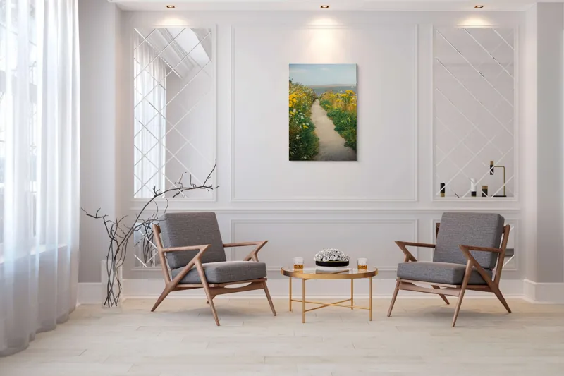 Tablou Canvas, "Cărare printre flori galbene și albe", Drum, Florile, Galbene, Peisaj, Natură, Seninătate, Margine, Timpuriu, 70 x 100 cm – poza 8