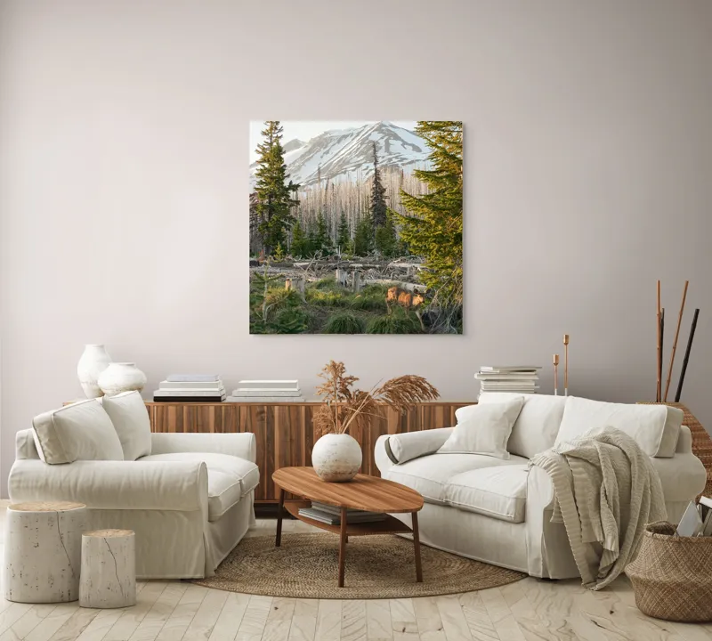 Tablou Canvas, "Cerb în pădurea montană matinală", Crepuscul, Munte, Cerb, Arbori, Zăpadă, Trunchiuri, Vegetație, Peisaj, Natură, Împădurit, 100 x 100 cm – poza 3