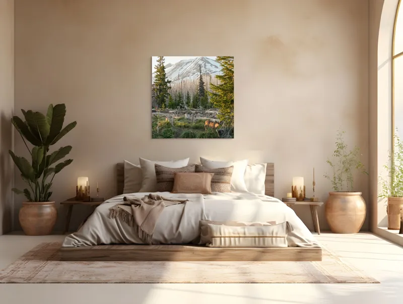 Tablou Canvas, "Cerb în pădurea montană matinală", Crepuscul, Munte, Cerb, Arbori, Zăpadă, Trunchiuri, Vegetație, Peisaj, Natură, Împădurit, 100 x 100 cm – poza 4