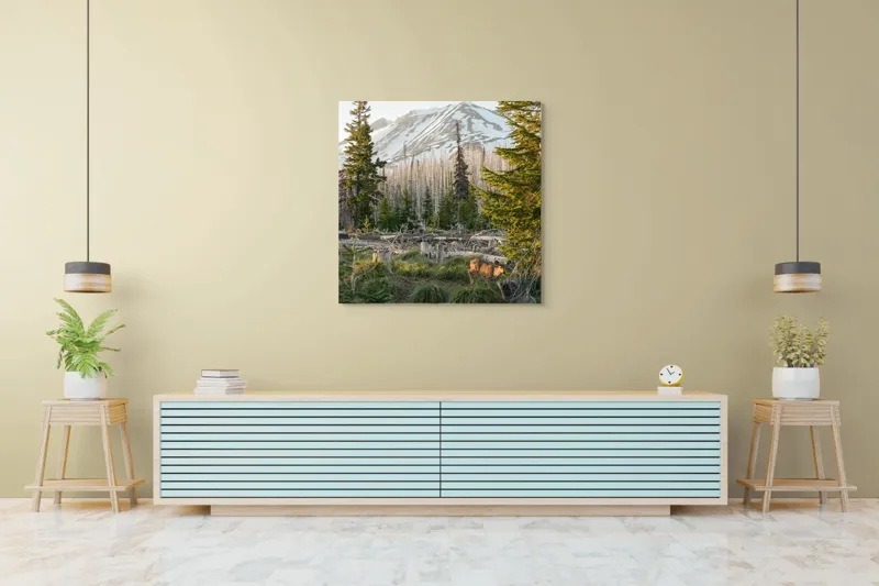 Tablou Canvas, "Cerb în pădurea montană matinală", Crepuscul, Munte, Cerb, Arbori, Zăpadă, Trunchiuri, Vegetație, Peisaj, Natură, Împădurit, 100 x 100 cm – poza 5