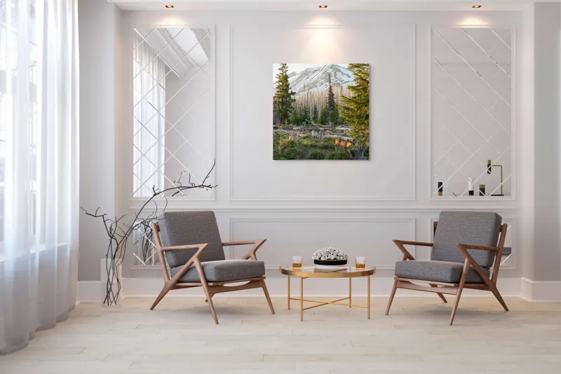 Tablou Canvas, "Cerb în pădurea montană matinală", Crepuscul, Munte, Cerb, Arbori, Zăpadă, Trunchiuri, Vegetație, Peisaj, Natură, Împădurit, 100 x 100 cm – poza 7